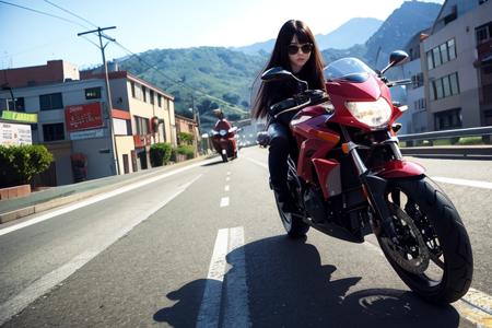 hdoom,masterpiece,Urban highways,Dynamic shots,1girl long_hair,rides on a motorcycle,driving,