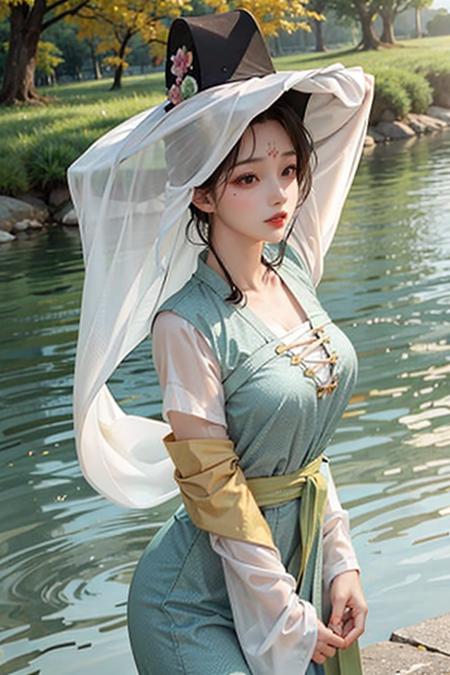 1girl, weimao hat, masterpiece, best quality, 8k <lora:veilhat_v2b:0.88>, river, big and beautiful breasts