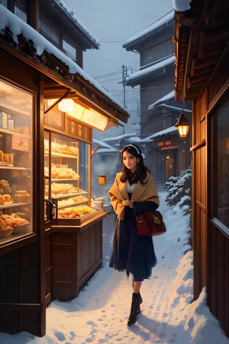 (beautiful face),(extremely detailed CG unity 8k wallpaper), full shot photo of the most beautiful artwork of a japanese ramen shop, snow falling, food porn, steamy, nostalgia, professional majestic oil painting by Ed Blinkey, Atey Ghailan, Studio Ghibli, by Jeremy Mann, Greg Manchess, Antonio Moro, trending on ArtStation, trending on CGSociety, Intricate, High Detail, Sharp focus, dramatic, photorealistic painting art by midjourney and greg rutkowski