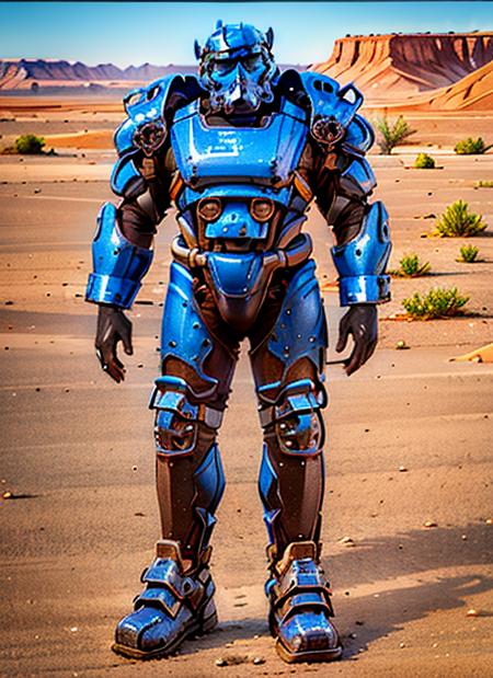 T60PowerArmor, blue paint on T60PowerArmor, solo, full body, desert, at sunny day, realism, naturalistic, representational, composition, perspective, light, color, texture, detail, <lora:VaultSuit13_v06:0.9>