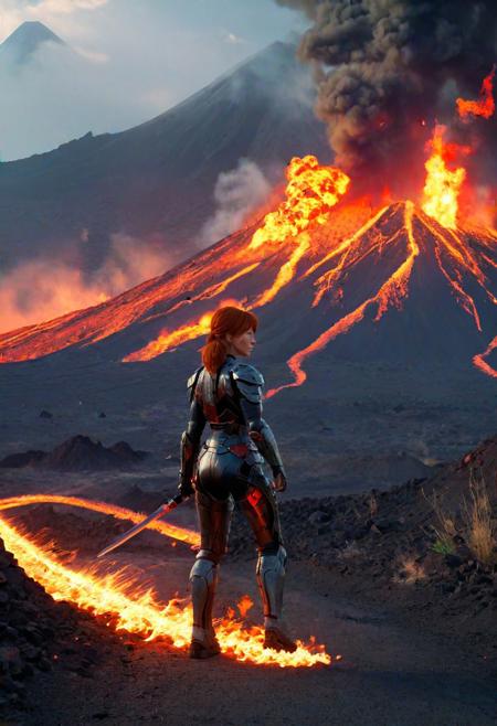 1girl, A cute adult female humanoid with a lizard tail, fire princess, walking near a volcano, wielding a flaming sword, cutie, cute face, redhead, (red skin), (skin with scales), fire sword, fiery, bodysuit, intense, powerful, lizard tail, (tail),
(foggy background, epic realistic, rutkowski, hdr, intricate details, hyperdetailed, cinematic, rim light, muted colors:1.2), post-apocalyptic background