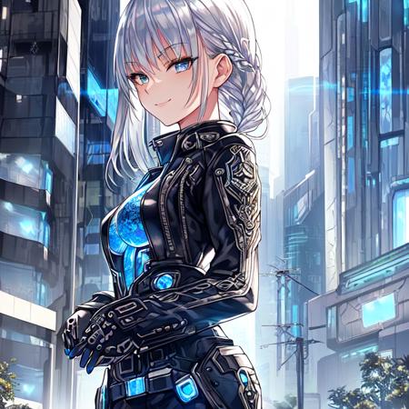 garden, smirking,  determined, intricate details, cowboy shot, black biker jacket, cyberpunk, looking at viewer, ((beautiful detailed silver hair)), short hair, beautiful detailed silver eyes, formal, eye focus, blue and white uniform, slender, (small breasts), in orbit, science fiction, futuristic, monitor, braid, office space