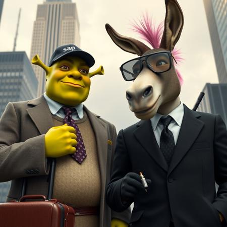 realistic businessman Mr. Shrek in SAP cap staying hear the tall building like Empire state building and straightens his tie looking forward in his other hand is a suitcase with a little Serbian red blue white flag on it, he is a realy cool guy. Next to him stands the second businessman Mr. Donkey with Aviator glasses and pink 
under cut hairstyle, he is wearing a black suit and holding a vape in his hand