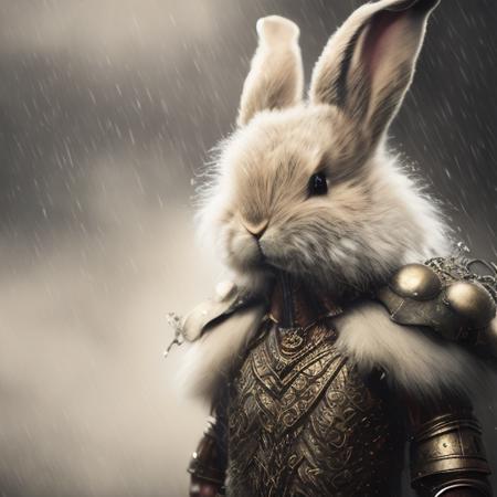 bunny, high ornamented light armor, fluffy fur, foggy, wet, stormy, 70mm, cinematic, highly detailed