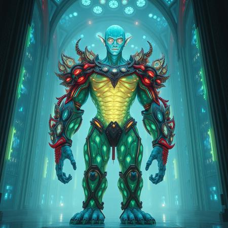 Masterpiece 5 protozoa/humanoid, bioluminescence translucent  body, with no ears and no nose, 32k, 16k, 8k, masterpiece, cinematic art, Kaiju bioluminescence translucent armor, standing inside a bioluminescence translucent cathedral,