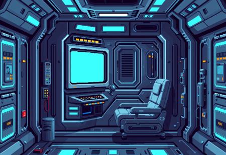 pixel, pixelated,pixelart, futuristic compact spaceship biologican cubicle for apprentice magician with one screen on the wall no decoration full metal room looking like a cubicle