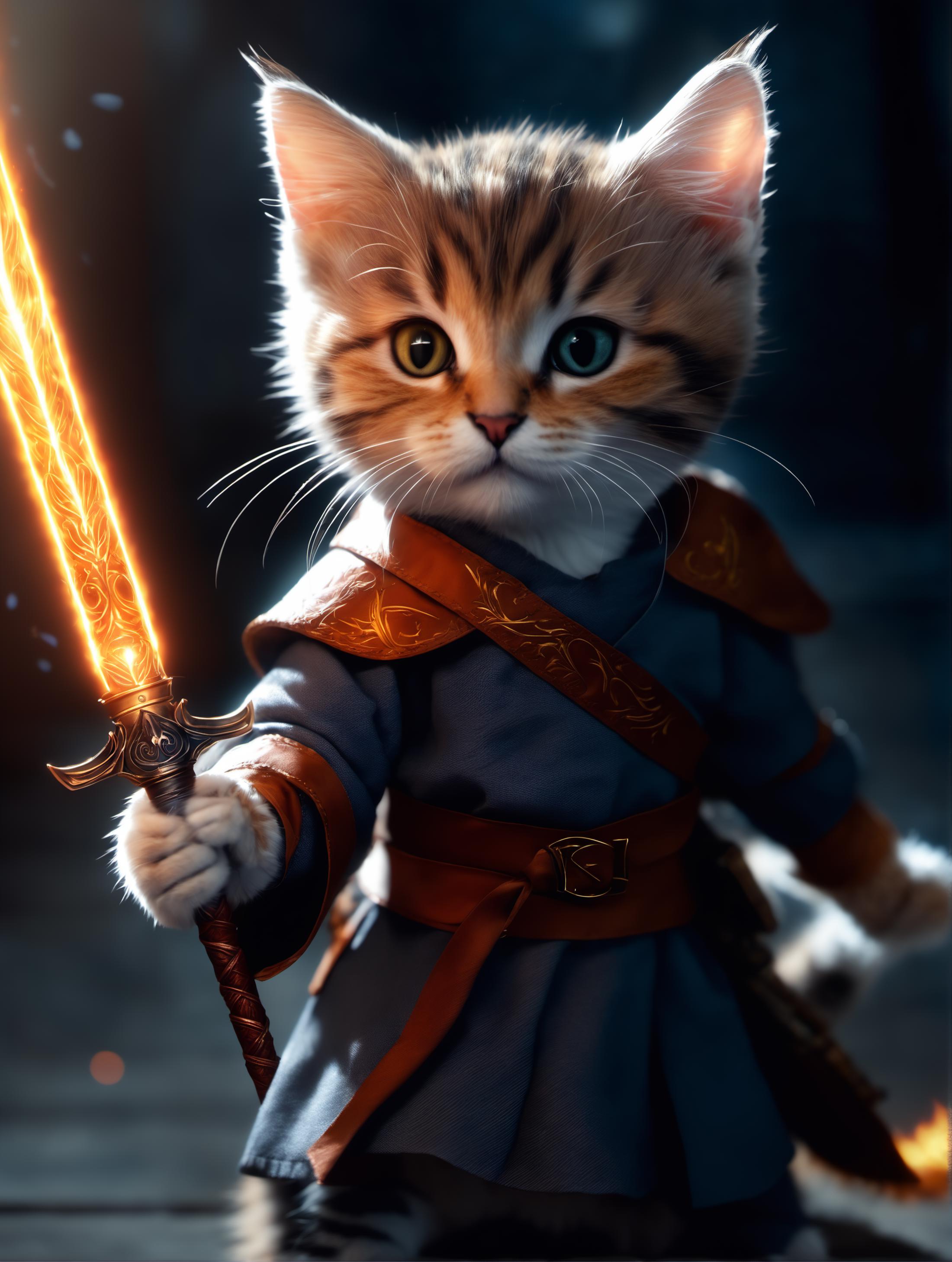 A cartoon cat with a sword in its paw, standing in front of a wall.
