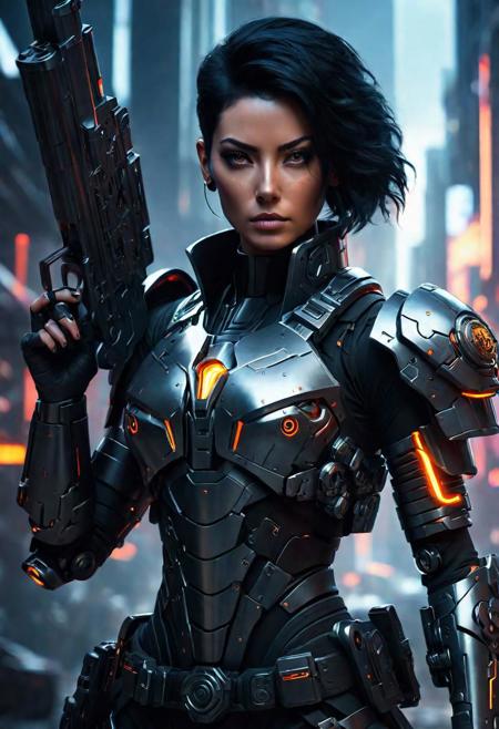 A female cyborg with glowing eyes and a face tattoo, black hair, dark grey armor, holding a very large gun, hyper detailed, trending on Artstation. Octane render, 8k resolution. Trending on art station. By Greg Rutkowski beeple, syd meade, dan mumford. Dark New York Fantasy Illustration. Cinematic. dynamic lighting. Highly detailed painting. moody atmosphere. Cyberpunk style. <lora:Details:0.85>