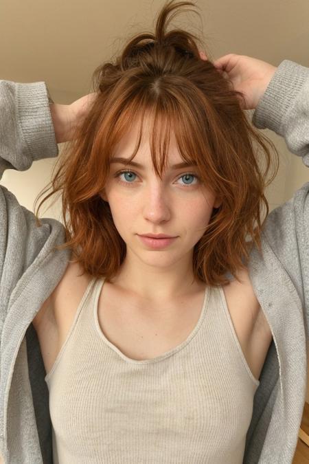 too cute to be true, 18 years old,  close-up, messy hair, (nip slip:0.2), baggy clothes, armpit, irish ginger (large breasts)