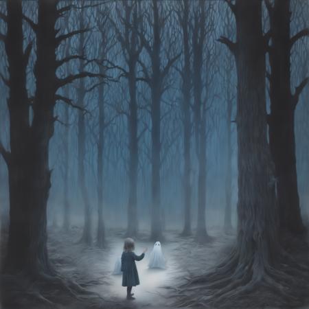 johnmortensen drawing of a child among the trees with a ghost behind one of the trees, photograph, blue cold color palette, muted colors, detailed, 8k