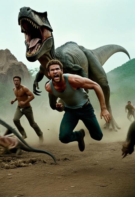 Shot on the magnificent Nikon F3, this heart-pounding artwork captures the thrilling scene of Liam Hemsworth desperately running away from a horde of carnivorous dinosaurs, his screams echoing through the prehistoric landscape. The analog film of choice for this dramatic moment is the Kodak Tri-X 400, known for its high contrast and ability to capture intense action. The scene is expertly composed using a Nikon Nikkor 35mm f/2 lens, which allows for a wide perspective, capturing both him and the menacing dinosaurs. With an aperture set at f/4, the focus remains sharp on him, emphasizing his terrified expression and disheveled appearance. The ISO setting is set at 400 to ensure optimal exposure in the fast-paced and high-stress environment. This artwork portrays a thrilling chase, as his once vibrant and colorful attire is now dirtied and ragged, adding to the sense of urgency and danger in this pulse-pounding scene.