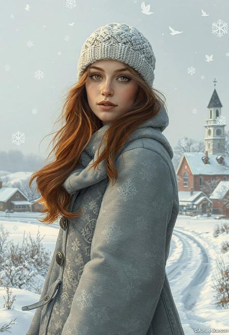 A surreal, highly detailed digital illustration of Ginette Bouchard, a French Canadian woman in her early 30s, rendered in the dreamlike, flowing style of James Jean. She stands at the edge of a snow-covered village in rural Quebec, surrounded by gently drifting snowflakes that morph into delicate lace patterns and translucent animal spirits. Her auburn hair spills from beneath a knitted cap, subtly blending into the soft gray sky. She wears a long, layered winter coat with intricate embroidery that seems to bloom into swirling natural motifs—ferns, birds, and hidden faces—echoing the mysteries of the landscape. Her warm brown eyes gaze outward with quiet strength, while the faint outline of quaint village houses and a chapel tower fade into the misty, pastel-toned background. The composition balances emotion and symbolism, infused with a palette of cool blues, warm creams, faded reds, and silvery highlights—capturing the poetic stillness of a Quebecois winter through the lens of surreal romanticism and layered metaphor.