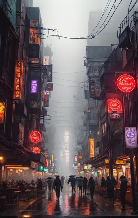 dense comerce street, neon light, masterpiece, ultra realistic, beautiful, rainy, cyberpunk distopia, latenight, disperse fog distance, isometric view perspective, dense forest with fog at background