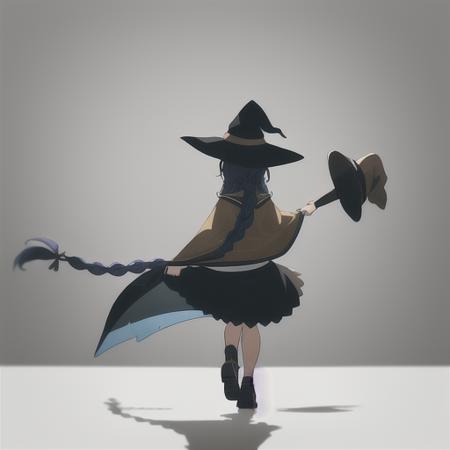 simple background, grey background, solo, <lora:roxyMigurdiaLora_offset:0.8>, roxy migurdia, 1girl, bangs, black headwear, blue hair, braid, single braid, brown cape, floating hair, hat, long hair, witch hat, back view, walking