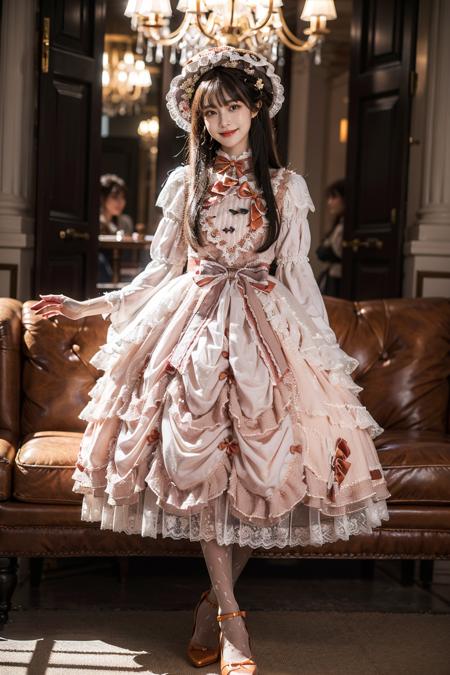 best quality, masterpiece, photorealistic, 1girl, solo, full body, standing, long black straight hair, blunt bangs, looking at viewer, smile, lo dress, layered dress, long dress, lace-trimmed dress, orange dress, frills, puffy sleeves, wide sleeves, bow, jewelry, long sleeves, hat, white thighhighs, high heels, <lora:lo_dress_classic_style4_v1:0.65>