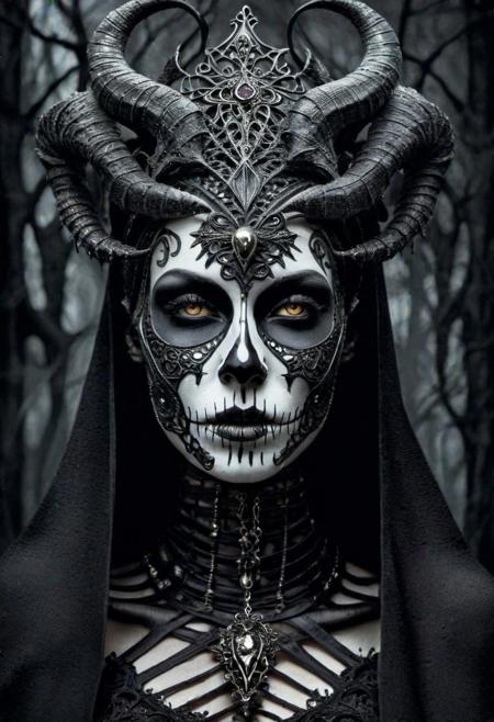 gothic style surrealist art An incredibly beautiful black succubus girl, dazzling beauty, drinks the soul of a man looking at her from an open skull, turning him into a withered mummy . dreamlike, mysterious, provocative, symbolic, intricate, detailed . dark, mysterious, haunting, dramatic, ornate, detailed