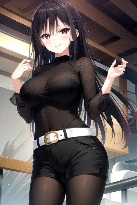 ((masterpiece)),(best quality),official art,extremely detailed CG,unity 8k wallpaper,ultra detailed,beautiful detailed eyes,extremely detailed face,1girl,solo,cowboy shot,looking at viewer,facing viewer,smile,standing,Hikami Ayame(unoneno),very long hair,black hair,straight hair,hair between eyes,bangs,red eyes,black shirt,long sleeves,large breasts,white belt,short shorts,black shorts,black pantyhose,pantyhose under shorts,loafers,<lora:Hikami Ayame(unoneno)>,