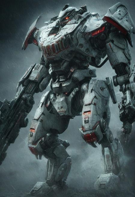 Pacific Rim Deathwing, Giant Mecha, Streamlined design, in the eye of a deep sea storm, dark atmosphere, Humanoid bionic technology, very realistic photography, mecha, robot, Overwatch, white and gray armor with red accents, streamlined combat mecha, 
hydraulic joints with exposed gears, dynamic combat pose, 
cinematic details, 8k resolution, sci-fi military design,