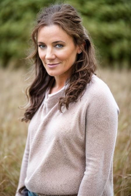 <lora:Orla_Brady:1> masterpiece, best quality, 1girl, solo, o1873b, brown_eyes, realistic, brown_hair, long_hair, posing, walking through a A misty meadow filled with sheep at dawn  wearing a Baby Pink jumper and blue jeans