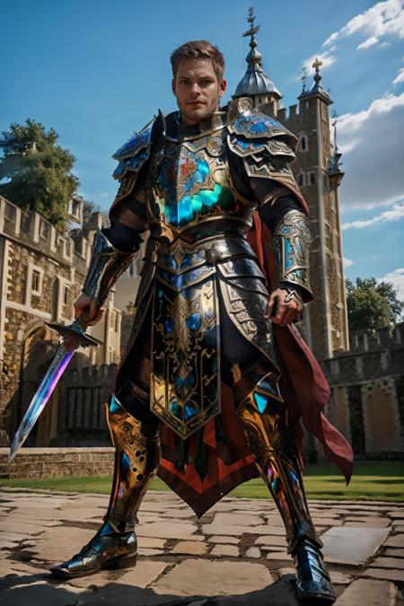 standing in front of the gate to the ((Tower of London)), JackWindsor, bismuth4rmor, wearing bismuth paladin armor, intricate details, polished, inlay jewels, holding sword, (((full body portrait))), wide angle <lora:JackWindsor-000008:0.8> <lora:Clothing - Bismuth Armor:0.75>