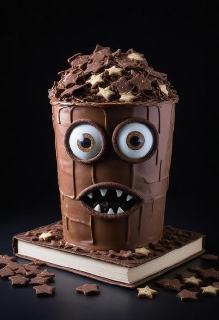 Books made out of cake, trash-can with large google eyes;  made of (ais-lmnsgr; chocolate;),
Sharp chocolate teeth, surrounded by chocolate chips
 Close up, space stars background.
zavy-flrscnc, fluorescent, fluorescent spraypaint,