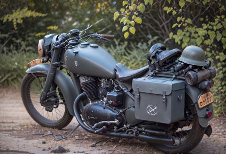 gorgeously rendered high-resolution wide-angle photograph of a ((cute female)) (1girl) dressed as a WWII German military officer riding a nz350 along a ((dirt road)) in the distance, (large breasts), detailed, hdr, 8k, lens flare, <lora:dkw_nz350:0.6>