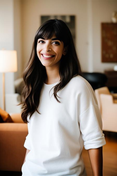 a still frame of HannahSimone in a movie, a beautiful woman, in an apartment living room, upper body focus, smile, warm white balance, 