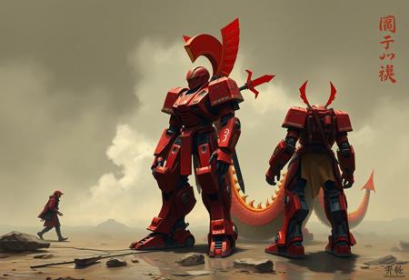Create a highly detailed, hyper-realistic painting of a full-body red mech standing on a Dragon Treasure, with a man walking in the background. The mech should be designed with correct proportions and have a Spartan aesthetic. Incorporate a curved red arrow and a flat, Raku-inspired painting effect. The style should be reminiscent of Cam Sykes and Kentaro Miura. The image should be in 8K high resolution, with sharp focus and micro-details. The overall mood should be dramatic and surreal. Include front and back views of the mech. The art piece should be of high quality, trending on Artstation, and suitable for a beginner artist.
