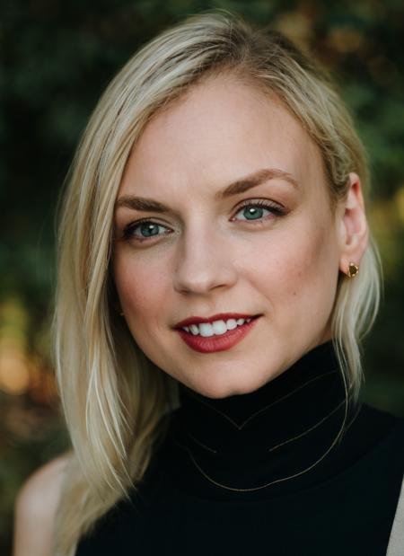 face portrait photography, black turtleneck dress, sleeveless, smile, Nebraska background, soft colors, bokeh, (high detailed skin:1.1)
 <lora:emily_kinney_lora_v01:1> 3mk1n1