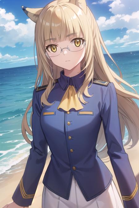 perrineclostermann, <lora:perrine clostermann anime-lora-nochekaiser:1>,
perrine clostermann, long hair, blonde hair, animal ears, (yellow eyes:1.5), glasses, dog ears,
BREAK uniform, military, military uniform, ascot, white ascot,
BREAK outdoors, ship, ocean, sun, sky, clouds,
BREAK looking at viewer, (cowboy shot:1.5),
BREAK <lyco:GoodHands-beta2:1>, (masterpiece:1.2), best quality, high resolution, unity 8k wallpaper, (illustration:0.8), (beautiful detailed eyes:1.6), extremely detailed face, perfect lighting, extremely detailed CG, (perfect hands, perfect anatomy),