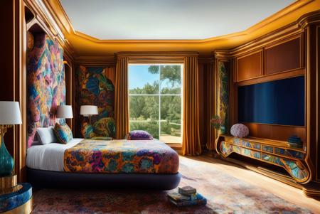 (archmagazine:1.0) photo of a maximalist bedroom, perspective view, video game concept art, hidden object video game, perfect composition, realistic, award-winning, architectural digest, architecture magazine cover, no humans