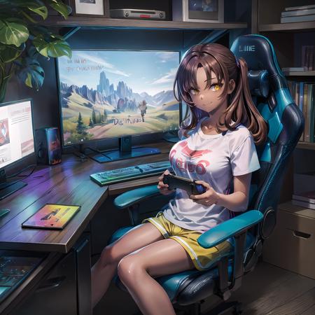 gaming-room, gaming chair monitor, computer, playing games, headphones, on chair game controller, holding game controller headphones from side from behind