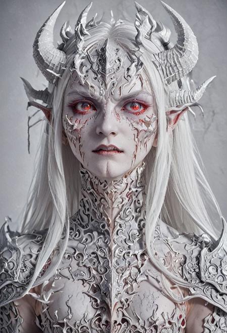 highly detailed, demon woman, pastel colors style, red horns, white hair, detailed eyes, close up, soft skin, white skin, porcelain skin, demon intricate armor,