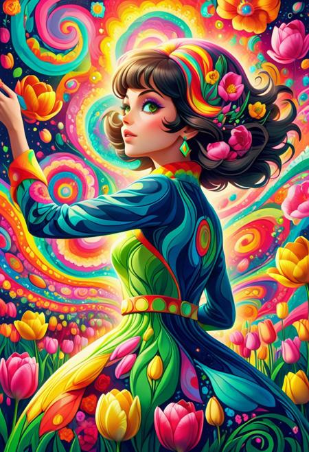 jaynl-tm, Score_9, score_8_up, score_7_up, (masterpiece),(1character), semi side view, (beautiful:1.4), She mod dress, psychedelic swirls made of tulips, vibrant hues, bold patterns, fruit power fashion, swinging sixties, Retro Vogue Cover, kaleidoscopic dreams.,highly intricate, 60s, hyper detailed, photorealistic,