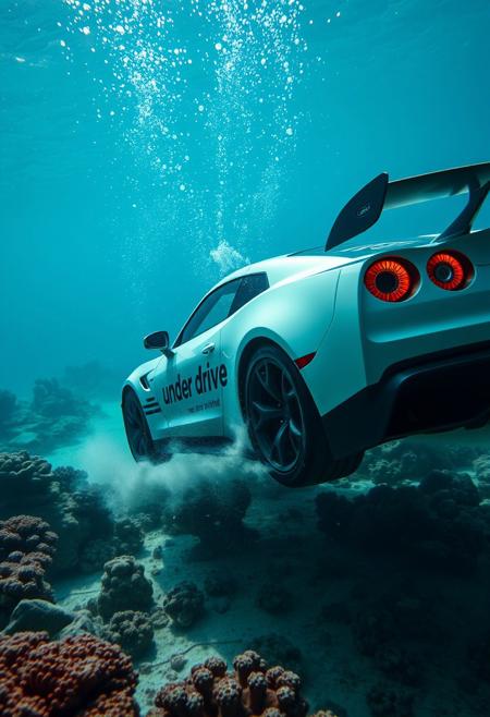a sunken sport car is fast driving on the ocean floor, lot of small air bubbles are coming from the car, dust from the ocean floor is coming from the wheels, there are many corals under the water, beautiful lighting, big text on car body "under drive", sport car on ocean floor