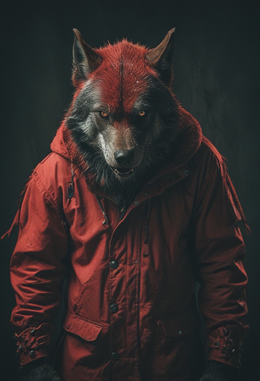 a mad wolf beast in red hood clothing, studio background, high-contrast palette, subtle grain, cinematic quality, modern art photograph