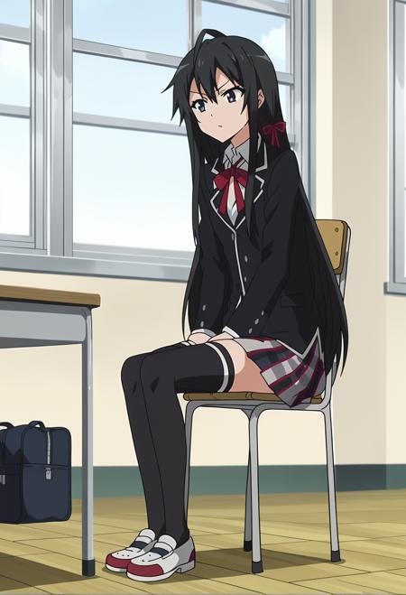 shiyukino, long hair, black hair, blue eyes, ribbon, school uniform, hair ribbon, black jacket, plaid skirt, blazer, sobu high school uniform, black thighhighs,