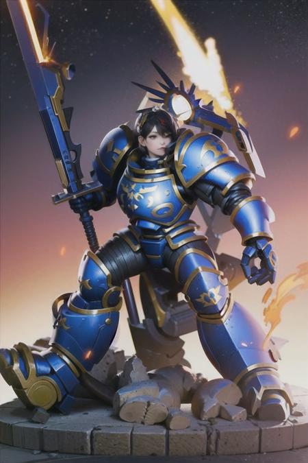 EMIRU, FULL BODY, MECHA BODY ARMOR, BLUE BODYARMOR, (POWER ARMOR1.4), DETAILED ARMOR, LAUREL CROWN, HALO, FLAMING GIANT SWORD, SHOULDER ARMOR, GAUNTLET, METALLIC WINGS, PAULDRON, <lora:robute_guilliman_mk1-000010:0.7>   <lora:artstyle - photorealistic_v10:.5>  <lora:subject - Emiru_v1:0.8>