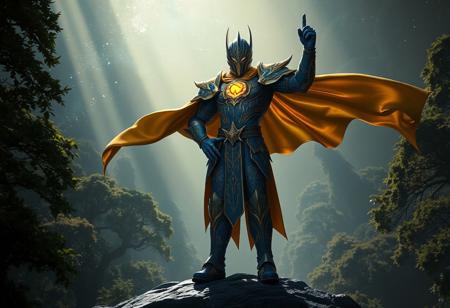 A cosmic epic Galaxy Wizard hovers above an ancient, mystical forest. Clad in intricate blue and gold armor featuring a luminous yellow emblem, a golden cape billows dramatically. He stands in a dynamic, action-ready pose, left hand on hip, right pointing upwards. Captivating light rays, deep shadows. Cinematic, detailed concept art, trending on ArtstationHQ, CGSociety, 4k resolution, Octane render, Unreal Engine 5, Golden Ratio, sharp focus, impeccable composition.