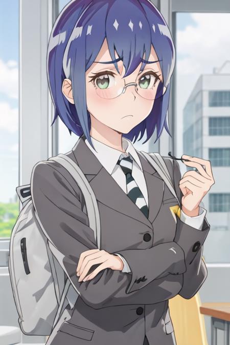 best quality, masterpiece, highres, solo, {mamiya_kanoko_watashinoyuriwaoshigotodesu:1.15}, blue_hair, green_eyes, blush, bangs, closed_mouth, short_hair, purple_hair, 1girl, collared_shirt, frown, glasses, grey_jacket, jacket, looking_at_viewer, school_uniform, shirt, white_shirt, necktie, hand_up, round_eyewear