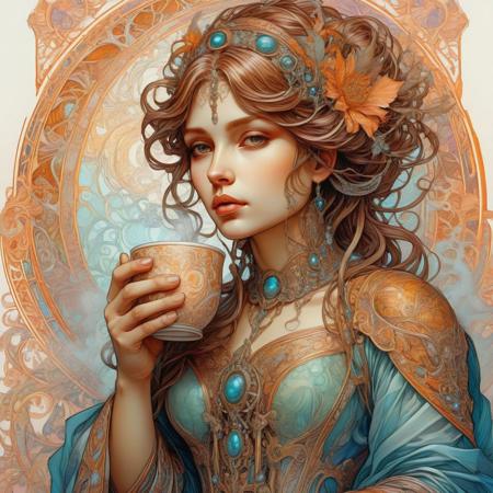 highly detailed, fantasy art in the style of Alphonse Mucha, WOMAN holding a cup of steaming hot coffee, aesthetic color pencil drawing, conceptual art, reference illustration, extremely beautiful, professional, dynamic, looking at viewer, high contrast, (intricate details, masterpiece, best quality:1.4),