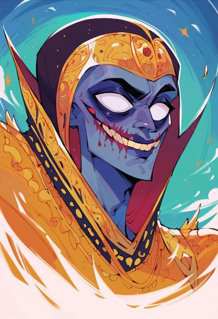 score_9, score_8_up, score_7_up,  strange man, beautiful full beard, big eyes, dark blue skin, white eyes, golden jewelry, a belt of skulls, a necklace of severed bloody heads,( inhumanly thin:1.1) exaggerated, skinny, dutch angle,