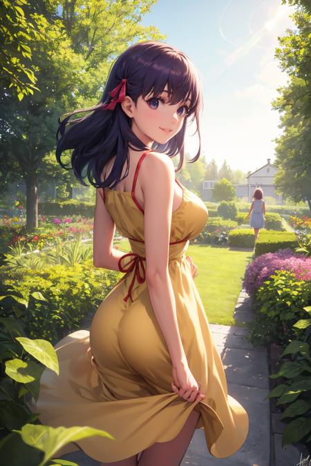 masterpiece, best quality, absurdres, SakuraMatou, long hair, hair ribbon, from behind, (yellow sundress), garden, day, sunshine, smile, looking back, <lora:SakuraMatouV2:1>