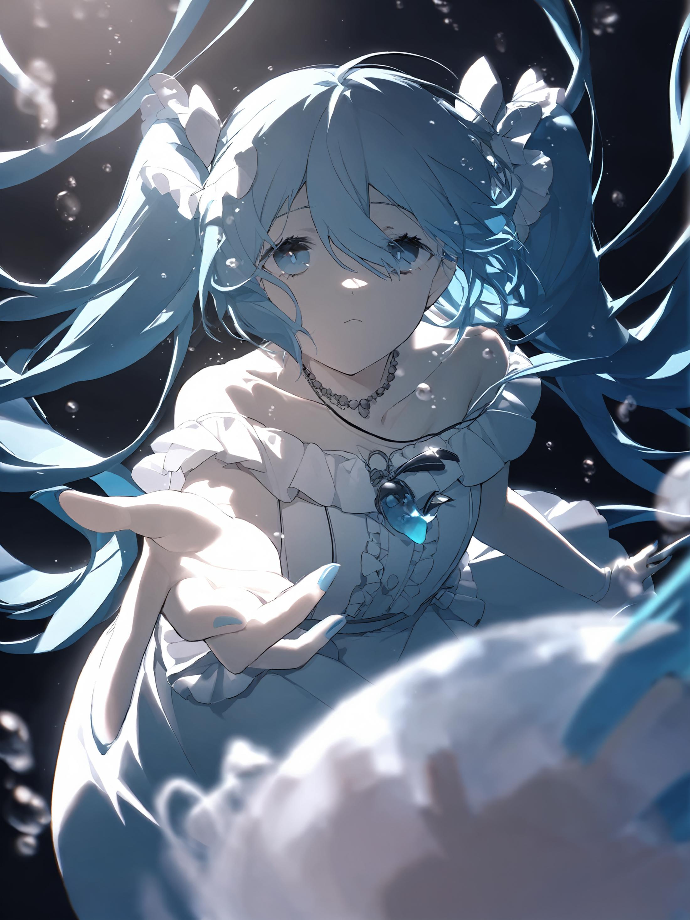 <lora:mki-ani3-konya_karasue-v2:1>,hatsune miku,dress,jewelry,long hair,bubble,necklace,white dress,twintails,underwater,r...