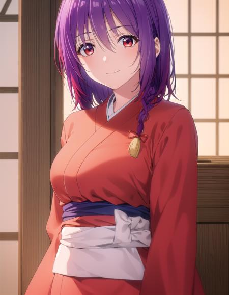 yuzuki aoba, (red eyes:1.3), hair between eyes, purple hair, braid, single braid, japanese clothes, kimono, sash, obi, red kimono,