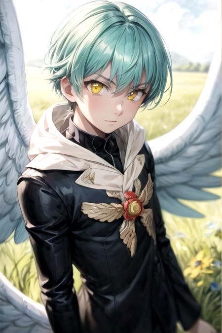 sariel_nanatsu_no_taizai yellow eyes aqua hair angel wings