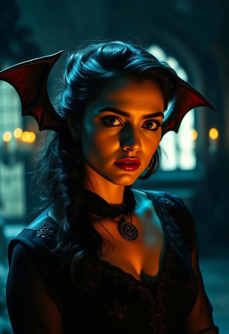 tanya maniktala as dracula. 1940s noir style. in a gothic mansion. shot by james whale