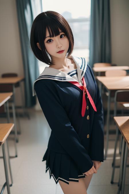 ultra-detailed,highly detailed,best quality,masterpiece,illustration,
kato megumi,1girl, school uniform, katou megumi, solo, cosplay, 
short hair, bob cut, jacket, blunt bangs,
serafuku,socks, loafers,sailor dress,neck ribbon, long sleeves,
looking at viewer,cowboy shot, 
<lora:kato megumi_uni_v1_02:0.7>