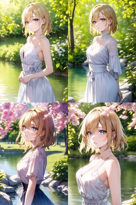 <lora:Seasons-000003:0.8>, 1girl, blonde hair,spring, outside,outfit, lake, outdoors, (masterpiece:1.0), (best quality:1.0), (8k wallpaper:1.0), extremely delicate and beautiful, (beautiful detailed face:1.0), (detailed deep eyes),  symmetrical breasts, deep eyes,