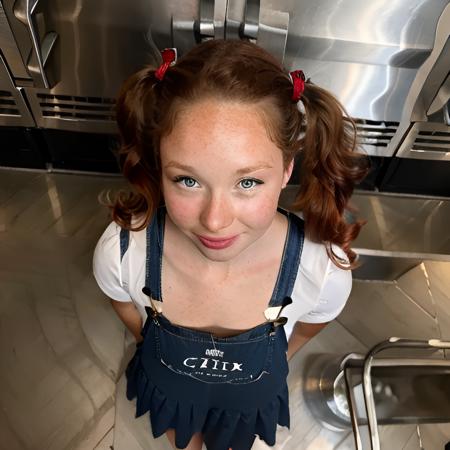 zoec looking at viewer, professional portrait of 1girl working as a waitress,  from above, horizon, hair flower, red hair, twintails, shiny skin, forehead, freckles, looking up, cheerful, wearing t-shirt and suspenders, sharp focus